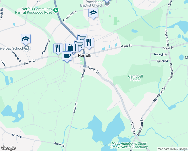 map of restaurants, bars, coffee shops, grocery stores, and more near 40 North Street in Norfolk