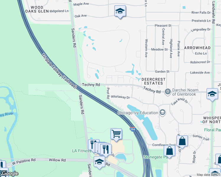 map of restaurants, bars, coffee shops, grocery stores, and more near 3767 Techny Road in Northbrook