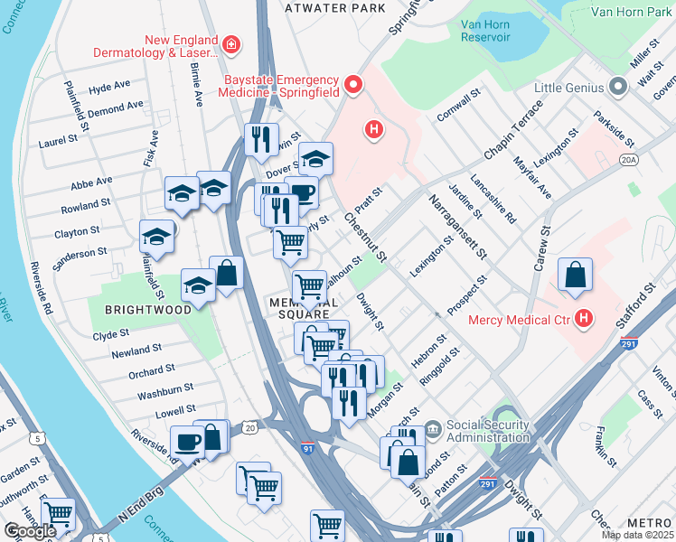 map of restaurants, bars, coffee shops, grocery stores, and more near 70 Calhoun Street in Springfield