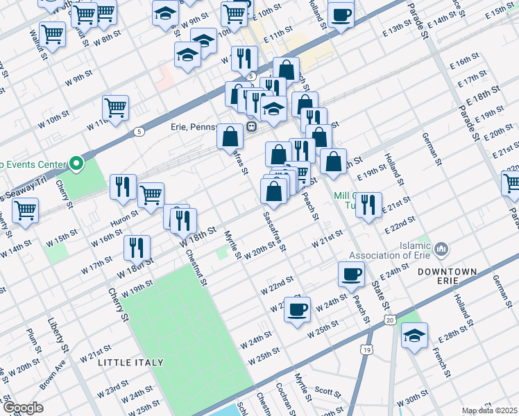 map of restaurants, bars, coffee shops, grocery stores, and more near 223 West 18th Street in Erie