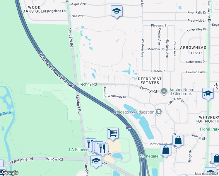 map of restaurants, bars, coffee shops, grocery stores, and more near 3767 Techny Road in Northbrook