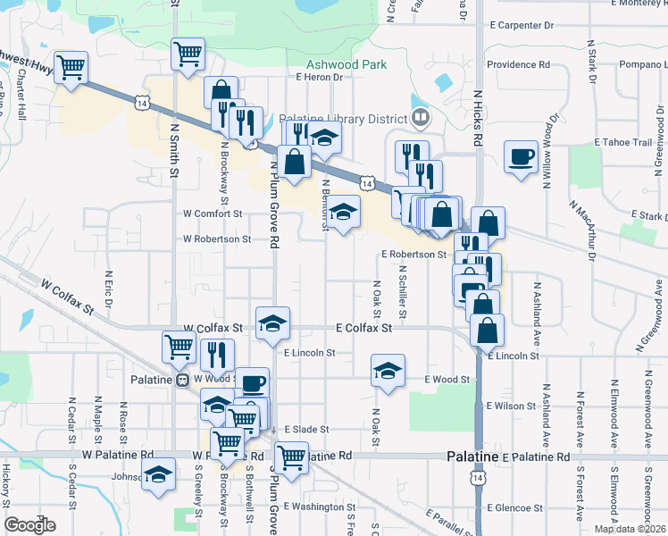 map of restaurants, bars, coffee shops, grocery stores, and more near 333 North Benton Street in Palatine