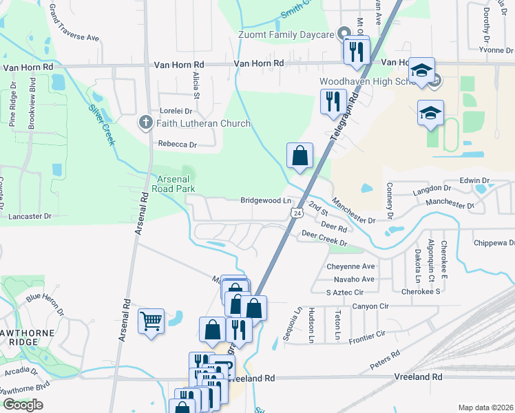 map of restaurants, bars, coffee shops, grocery stores, and more near 25842 Bridgewood Lane in Brownstown Charter Township