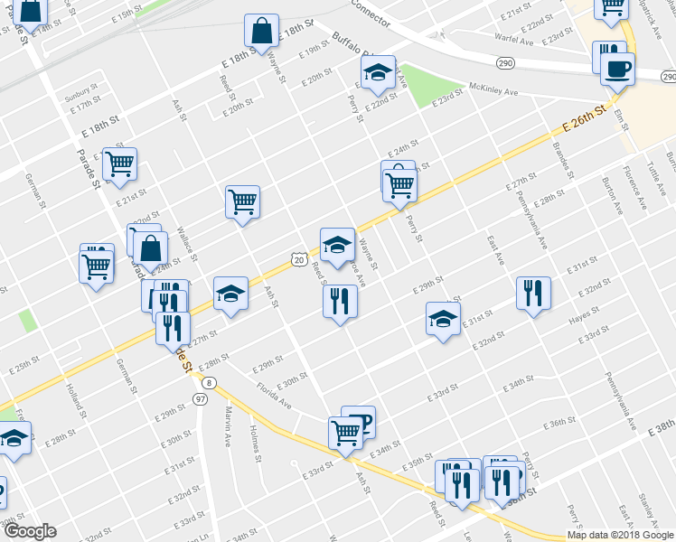 map of restaurants, bars, coffee shops, grocery stores, and more near 718 East 28th Street in Erie