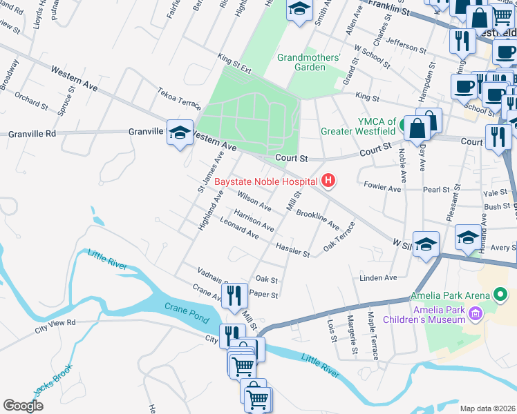 map of restaurants, bars, coffee shops, grocery stores, and more near 23 Wilson Avenue in Westfield