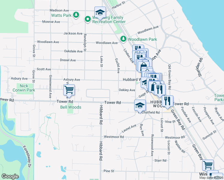 map of restaurants, bars, coffee shops, grocery stores, and more near 935 Forest Glen Drive South in Winnetka