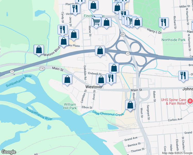 map of restaurants, bars, coffee shops, grocery stores, and more near 35 Frederick St in Johnson City