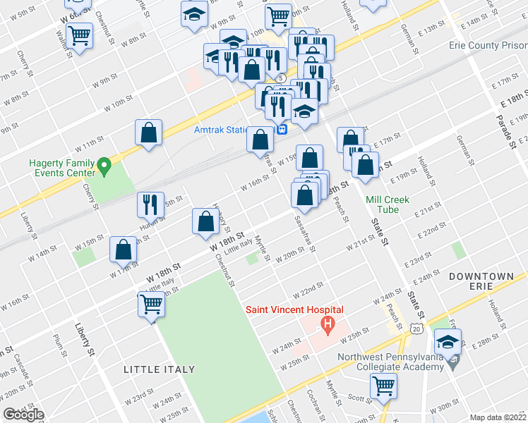 map of restaurants, bars, coffee shops, grocery stores, and more near 1710 Mobile Avenue in Erie