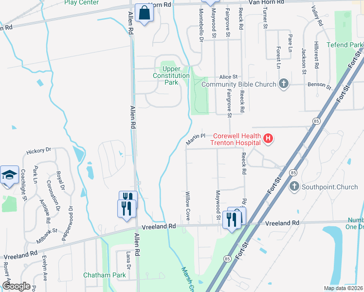 map of restaurants, bars, coffee shops, grocery stores, and more near 18872 Martin Place in Woodhaven