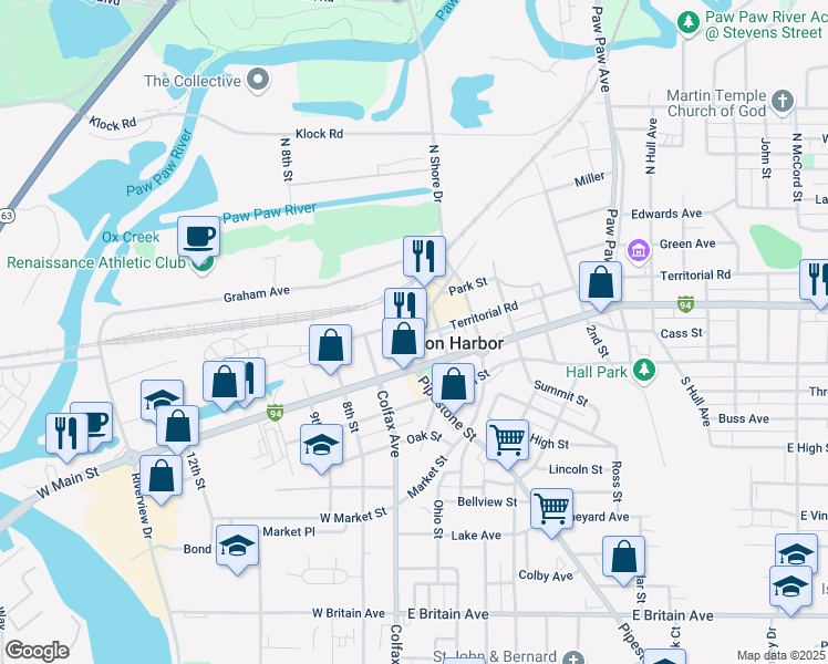map of restaurants, bars, coffee shops, grocery stores, and more near 138 Water St in Benton Harbor