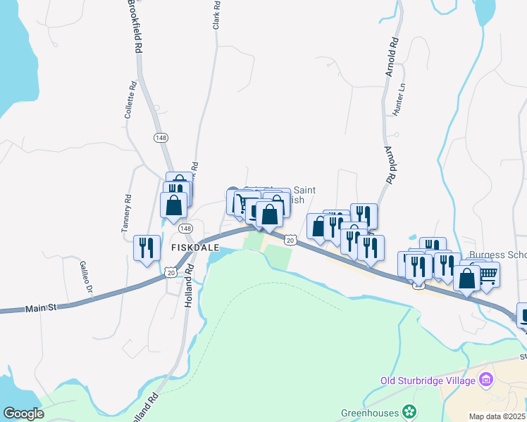 map of restaurants, bars, coffee shops, grocery stores, and more near 10 Bates Court in Sturbridge