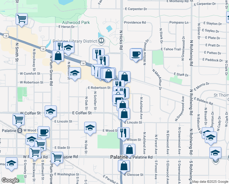 map of restaurants, bars, coffee shops, grocery stores, and more near 335 North Schubert Street in Palatine