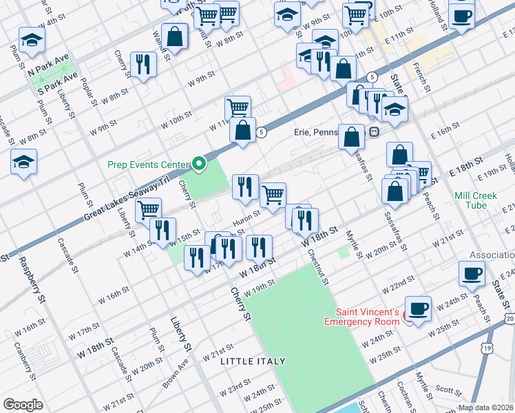 map of restaurants, bars, coffee shops, grocery stores, and more near 444 Huron St in Erie