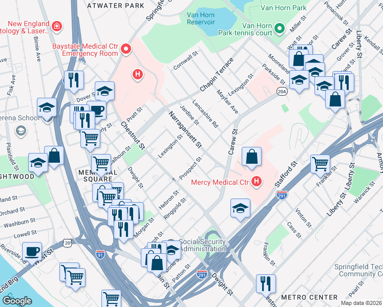 map of restaurants, bars, coffee shops, grocery stores, and more near 105 Massasoit Street in Springfield