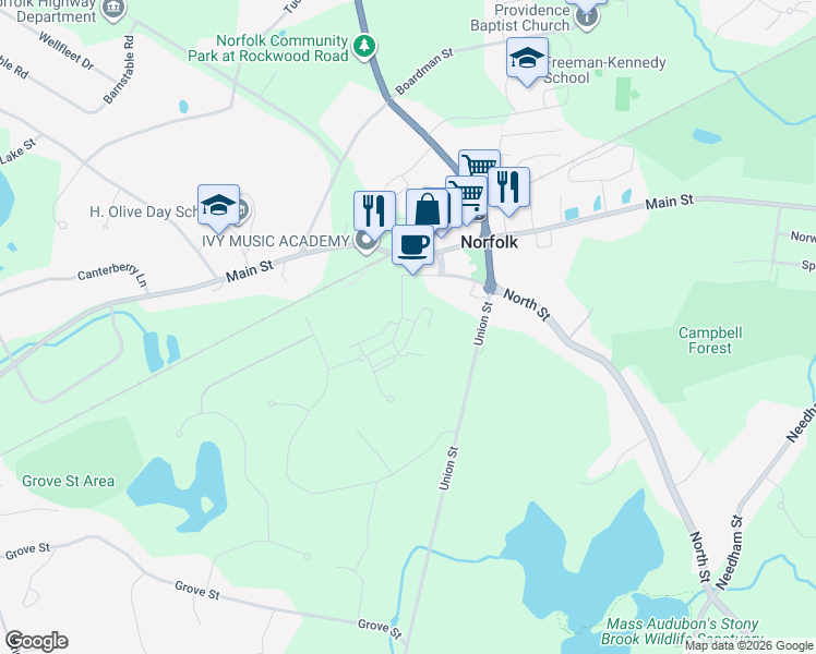 map of restaurants, bars, coffee shops, grocery stores, and more near 35 Meetinghouse Road in Norfolk