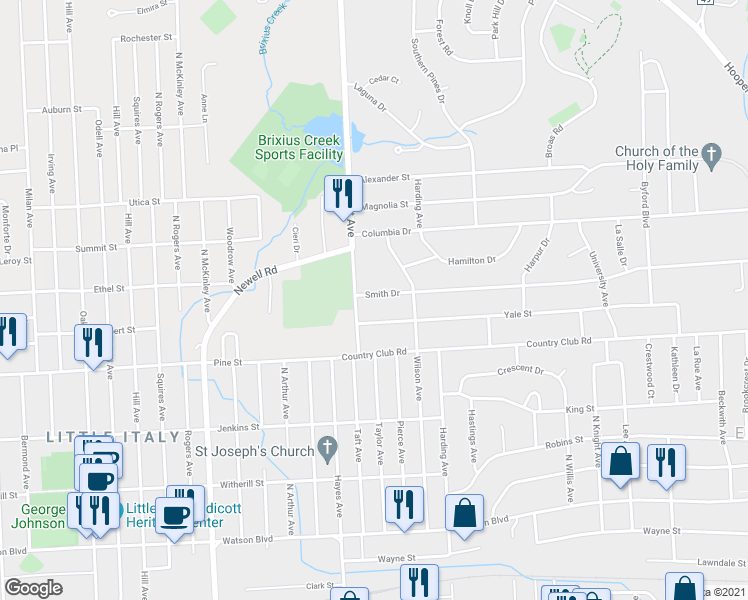 map of restaurants, bars, coffee shops, grocery stores, and more near 2610 Smith Drive in Endicott