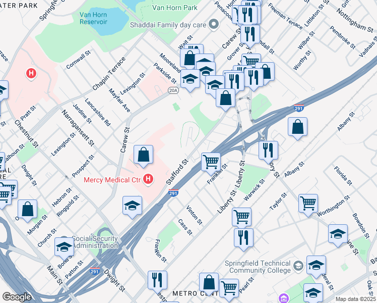 map of restaurants, bars, coffee shops, grocery stores, and more near 154-156 Stafford Street in Springfield