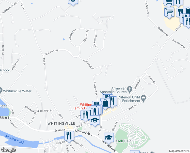 map of restaurants, bars, coffee shops, grocery stores, and more near 78 Prospect Street in Northbridge