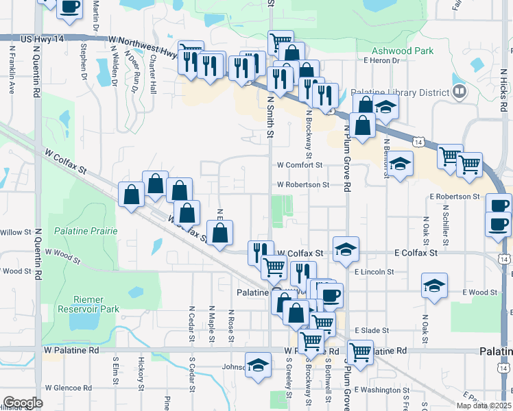 map of restaurants, bars, coffee shops, grocery stores, and more near 330 North Carter Street in Palatine