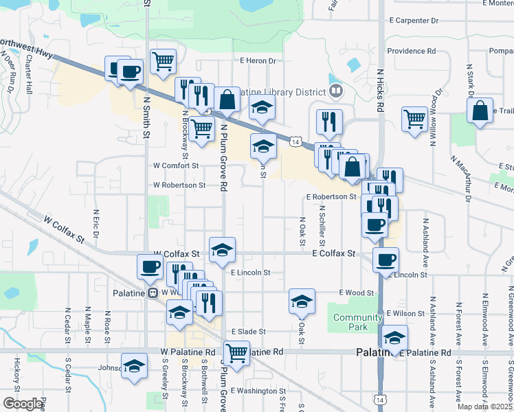 map of restaurants, bars, coffee shops, grocery stores, and more near 333 North Benton Street in Palatine