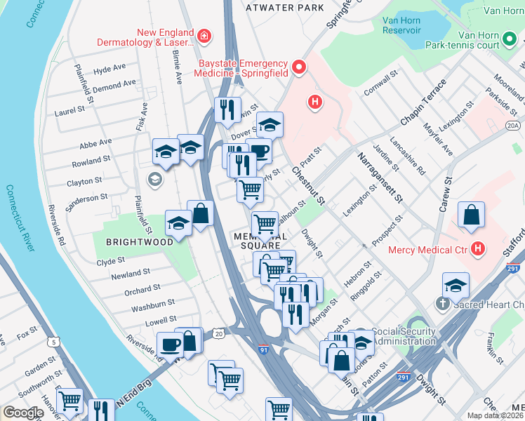 map of restaurants, bars, coffee shops, grocery stores, and more near 24 East Hooker Street in Springfield