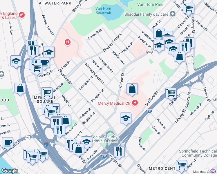 map of restaurants, bars, coffee shops, grocery stores, and more near 97-99 Prospect Street in Springfield