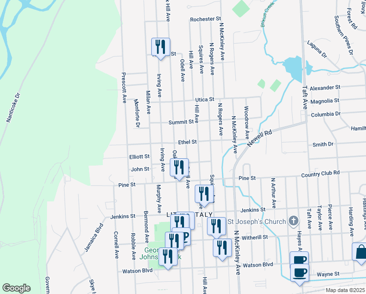 map of restaurants, bars, coffee shops, grocery stores, and more near 517 Odell Avenue in Endicott