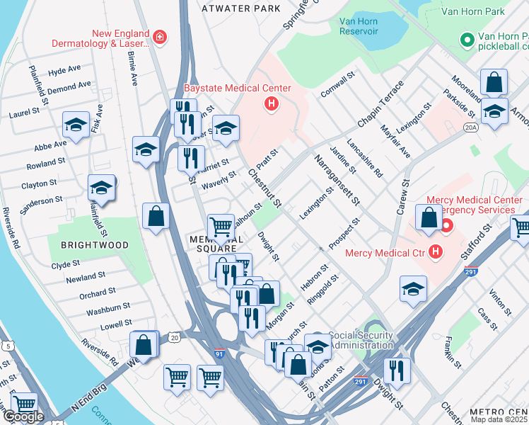 map of restaurants, bars, coffee shops, grocery stores, and more near 198 Jefferson Avenue in Springfield