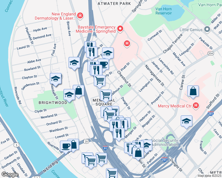 map of restaurants, bars, coffee shops, grocery stores, and more near 70 Calhoun Street in Springfield