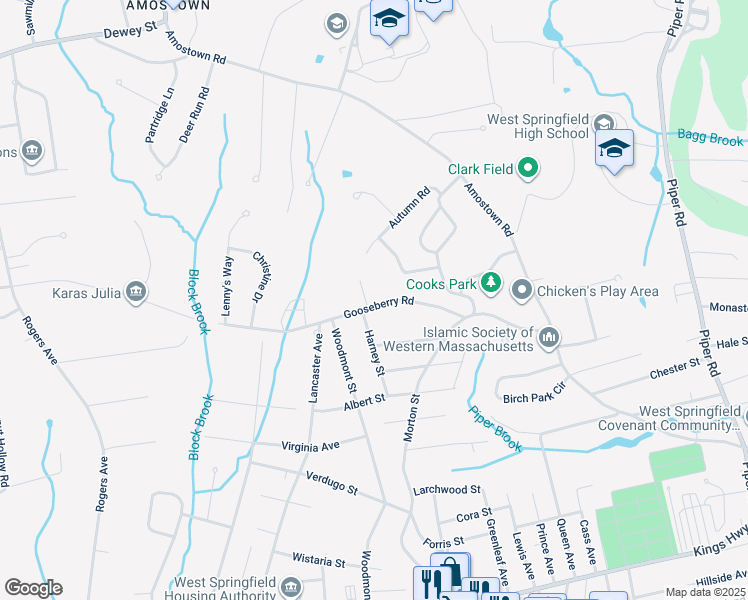 map of restaurants, bars, coffee shops, grocery stores, and more near 130 East Gooseberry Road in West Springfield
