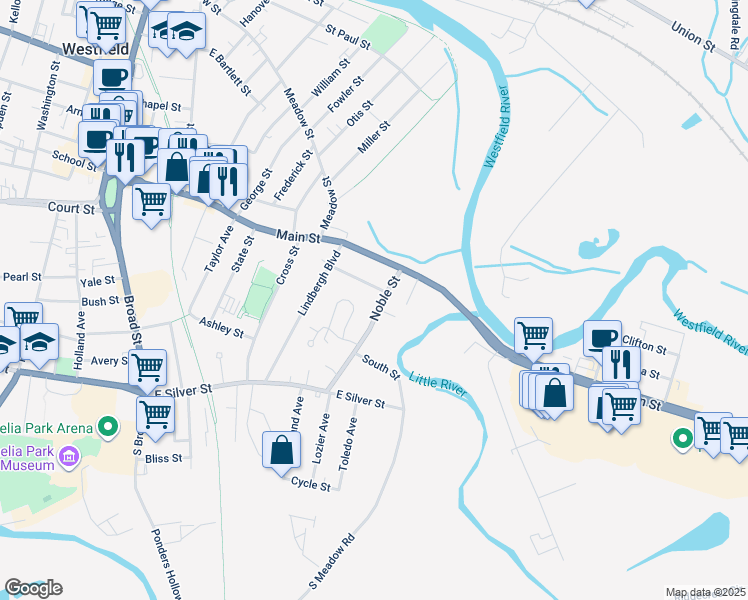 map of restaurants, bars, coffee shops, grocery stores, and more near 45 Noble Street in Westfield