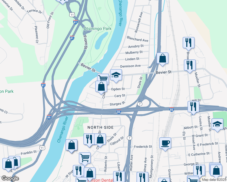 map of restaurants, bars, coffee shops, grocery stores, and more near 18 Ogden Street in Binghamton