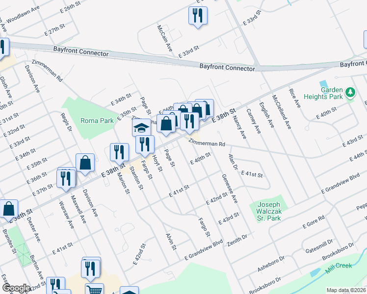 map of restaurants, bars, coffee shops, grocery stores, and more near 3822 Conrad Road in Erie