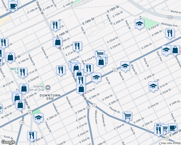 map of restaurants, bars, coffee shops, grocery stores, and more near 513 East 25th Street in Erie