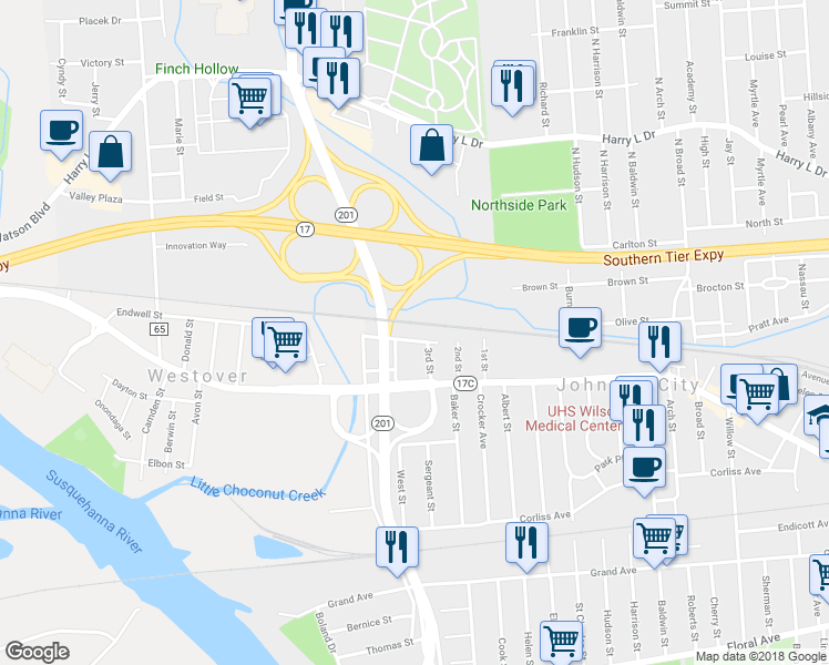 map of restaurants, bars, coffee shops, grocery stores, and more near 29 Endwell Street in Johnson City
