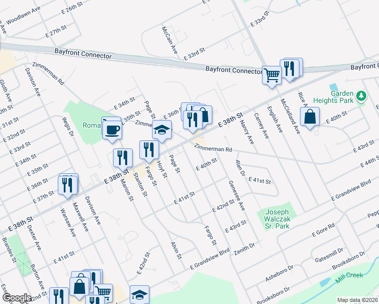 map of restaurants, bars, coffee shops, grocery stores, and more near 3822 Conrad Road in Erie