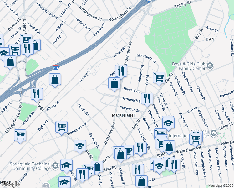 map of restaurants, bars, coffee shops, grocery stores, and more near 111 Dartmouth Terrace in Springfield