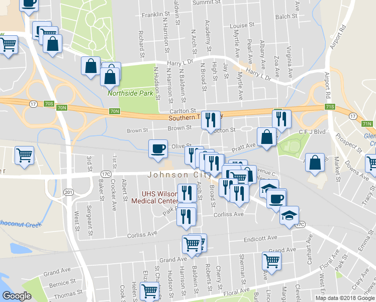 map of restaurants, bars, coffee shops, grocery stores, and more near 40 Olive Street in Johnson City