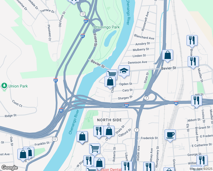 map of restaurants, bars, coffee shops, grocery stores, and more near 16 Lockwood Street in Binghamton