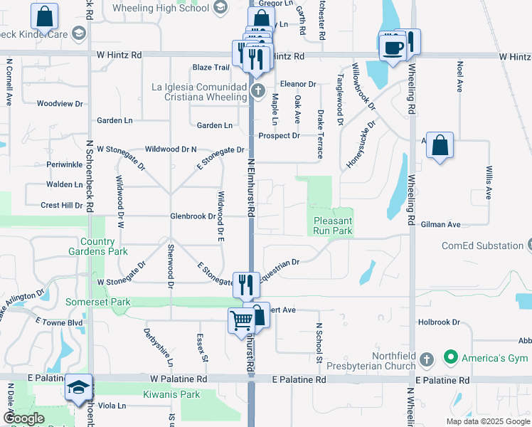 map of restaurants, bars, coffee shops, grocery stores, and more near 1171 South Forums Court in Wheeling