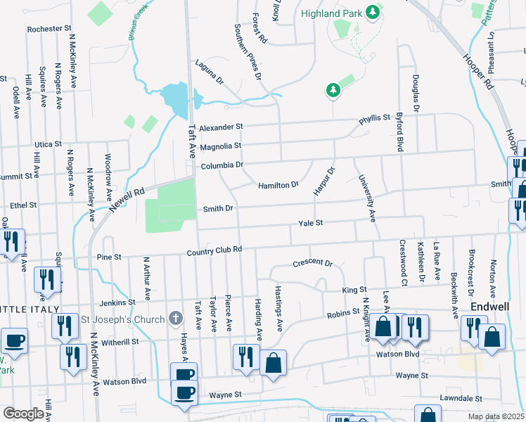map of restaurants, bars, coffee shops, grocery stores, and more near 2710 Smith Dr in Endicott