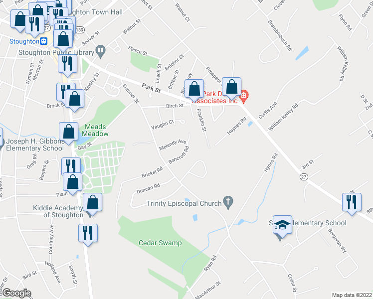 map of restaurants, bars, coffee shops, grocery stores, and more near 24 Bancroft Road in Stoughton