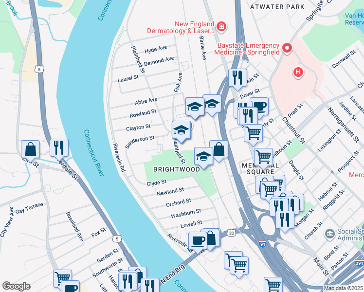 map of restaurants, bars, coffee shops, grocery stores, and more near 355 Plainfield Street in Springfield
