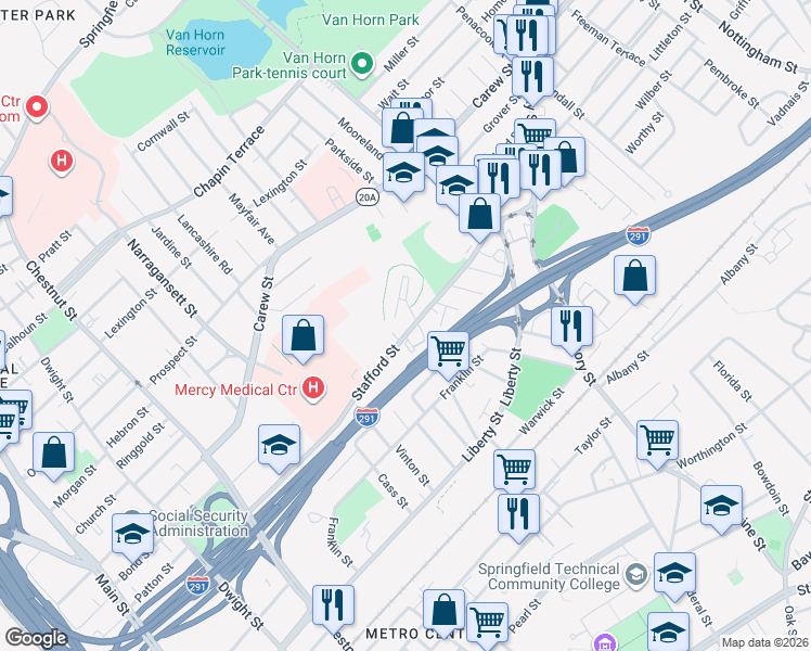 map of restaurants, bars, coffee shops, grocery stores, and more near 154-156 Stafford Street in Springfield