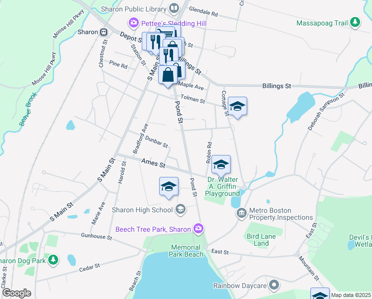 map of restaurants, bars, coffee shops, grocery stores, and more near Pond Street in Sharon