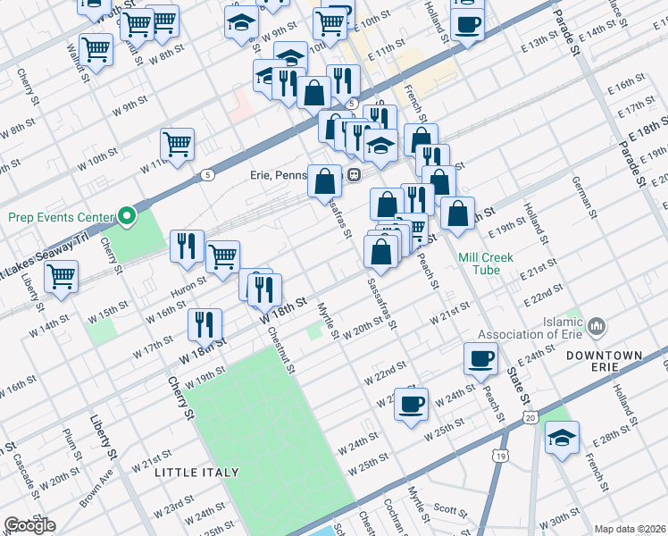 map of restaurants, bars, coffee shops, grocery stores, and more near 1710 Mobile Avenue in Erie