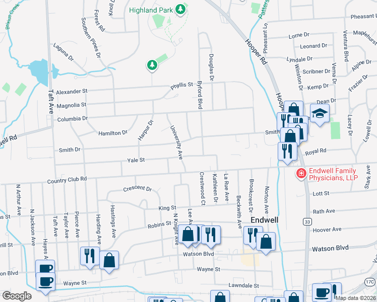 map of restaurants, bars, coffee shops, grocery stores, and more near 3003 Yale St in Endicott