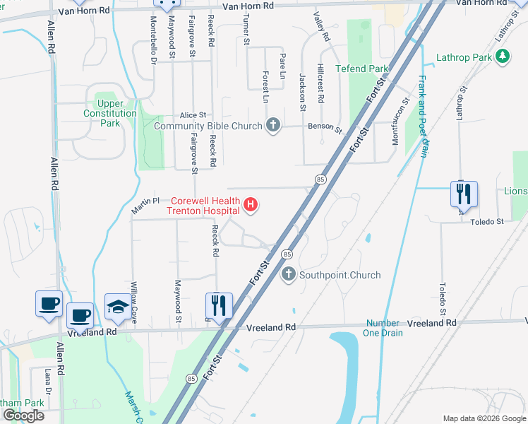 map of restaurants, bars, coffee shops, grocery stores, and more near 5400 Fort Street in Trenton