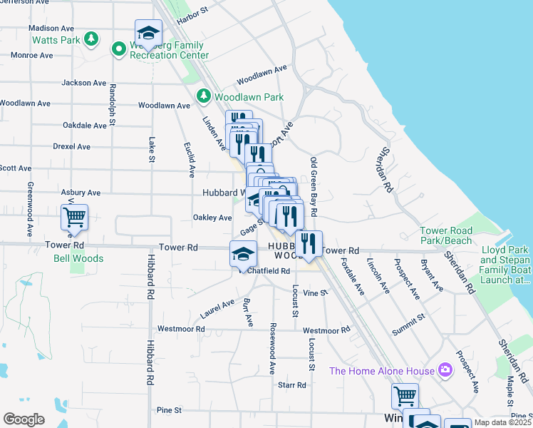 map of restaurants, bars, coffee shops, grocery stores, and more near 1073 Gage Street in Winnetka