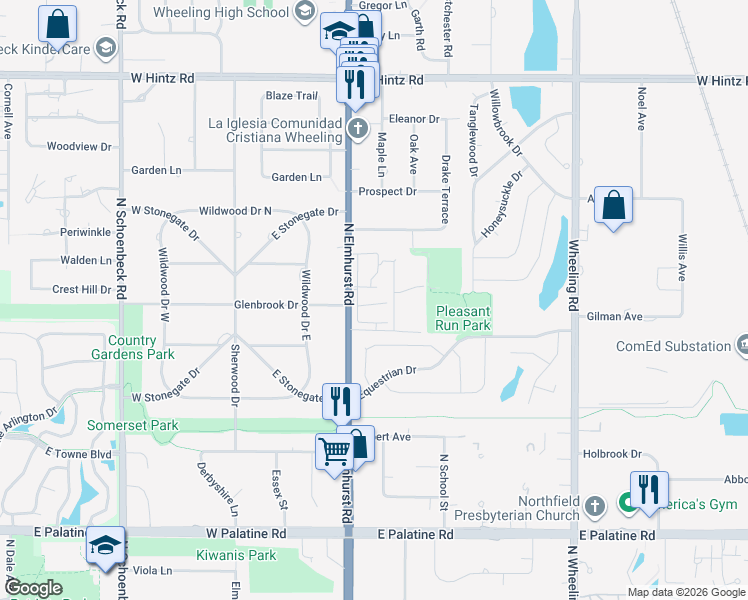 map of restaurants, bars, coffee shops, grocery stores, and more near 1171 South Forums Court in Wheeling
